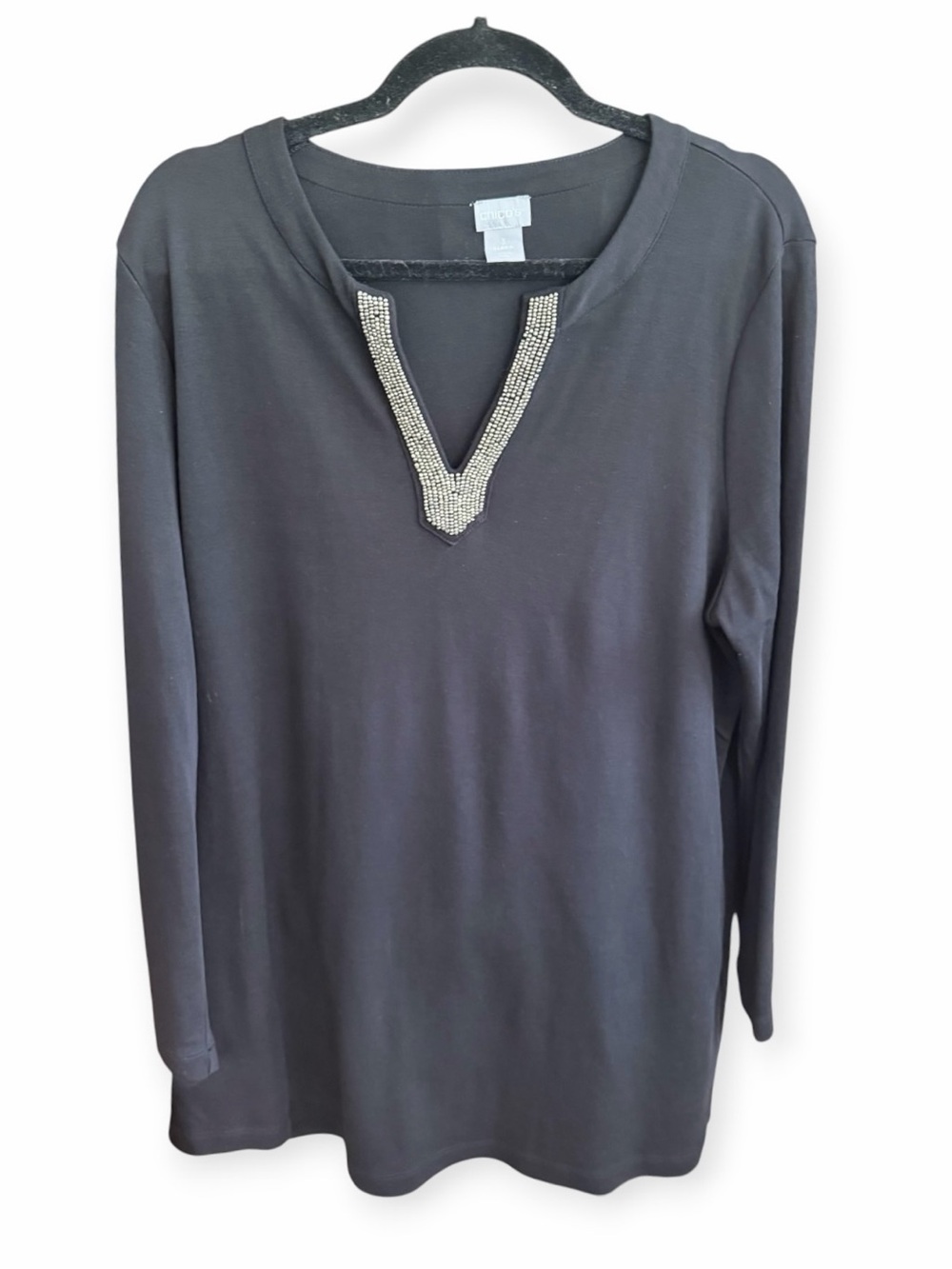 Chico's Black Long Tunic Top Rhinestone V-Neck Trim Mini Chic Dress Women's XL